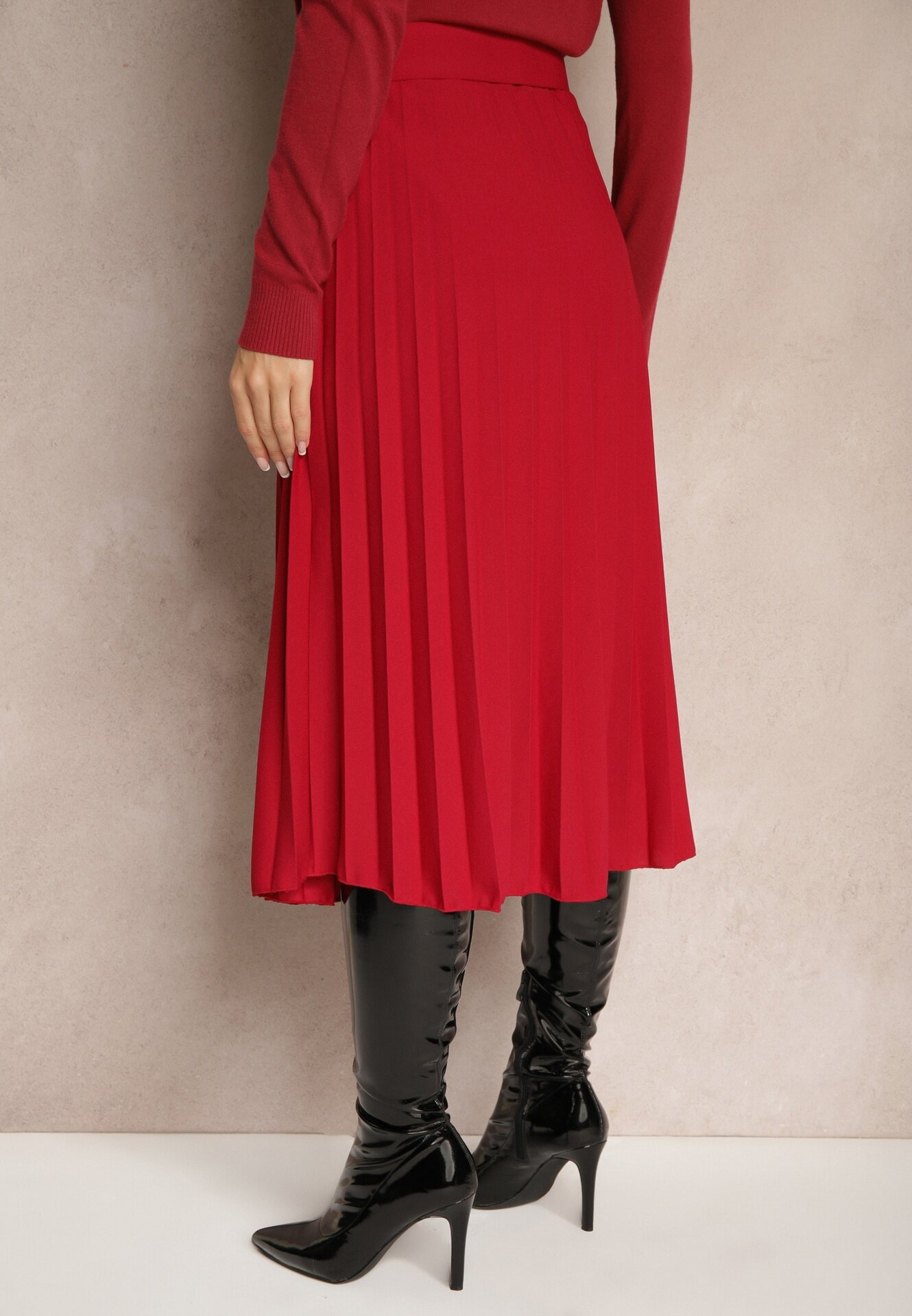 fashion Fustă Roșie Plisată cu Curea Decorativă Sanitha