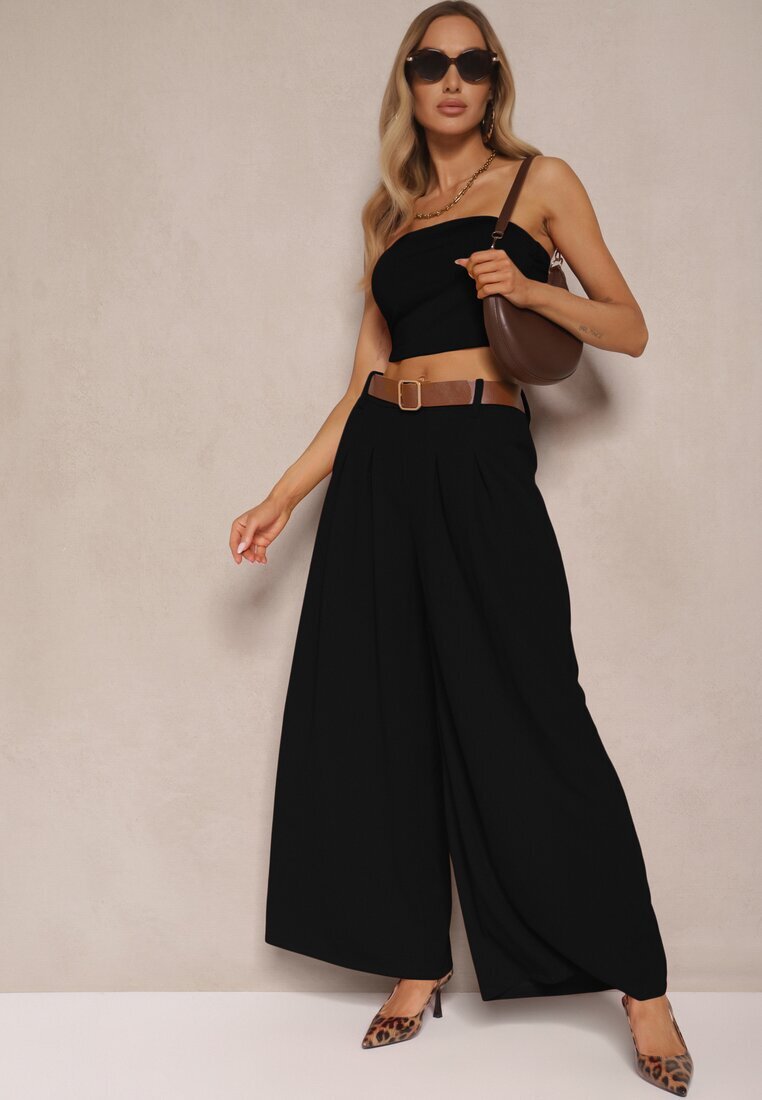 fashion Pantaloni Negri cu Croială Largă Talie Înaltă Ornați cu Curea Rasalle