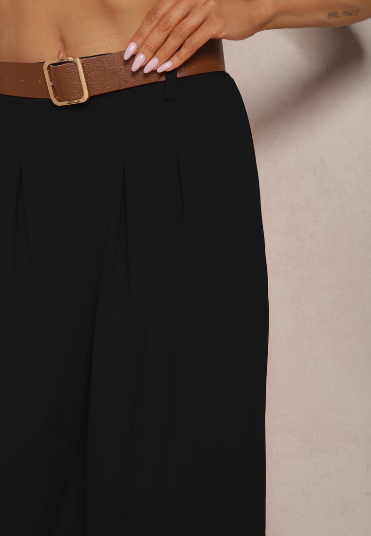 fashion Pantaloni Negri cu Croială Largă Talie Înaltă Ornați cu Curea Rasalle
