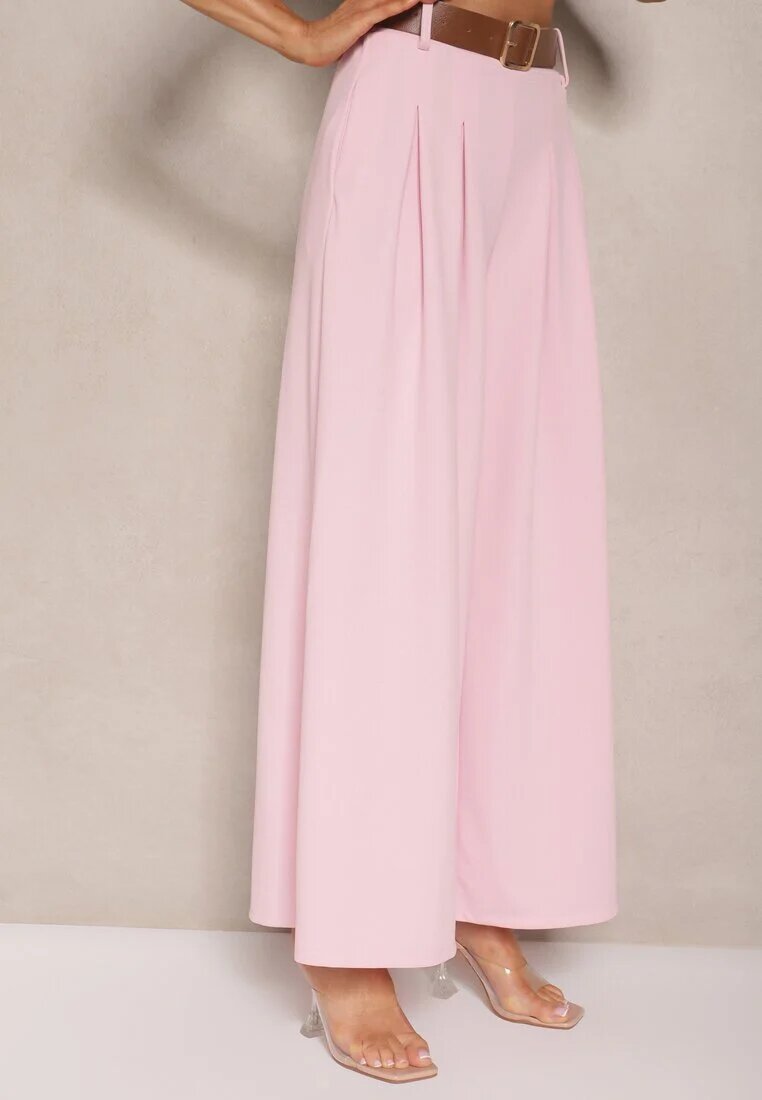 fashion Pantaloni Roz cu croială largă High Waist decorate cu o curea Rasalle