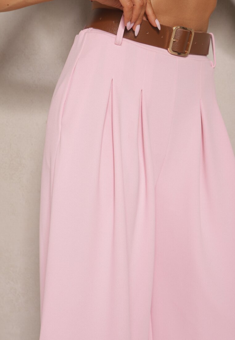 fashion Pantaloni Roz cu croială largă High Waist decorate cu o curea Rasalle