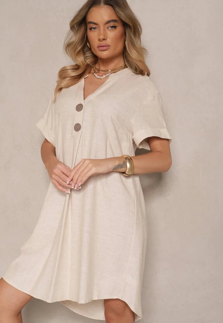 fashion Rochie bej deschis din bumbac cu croi boxy cu nasturi mari Elanorella