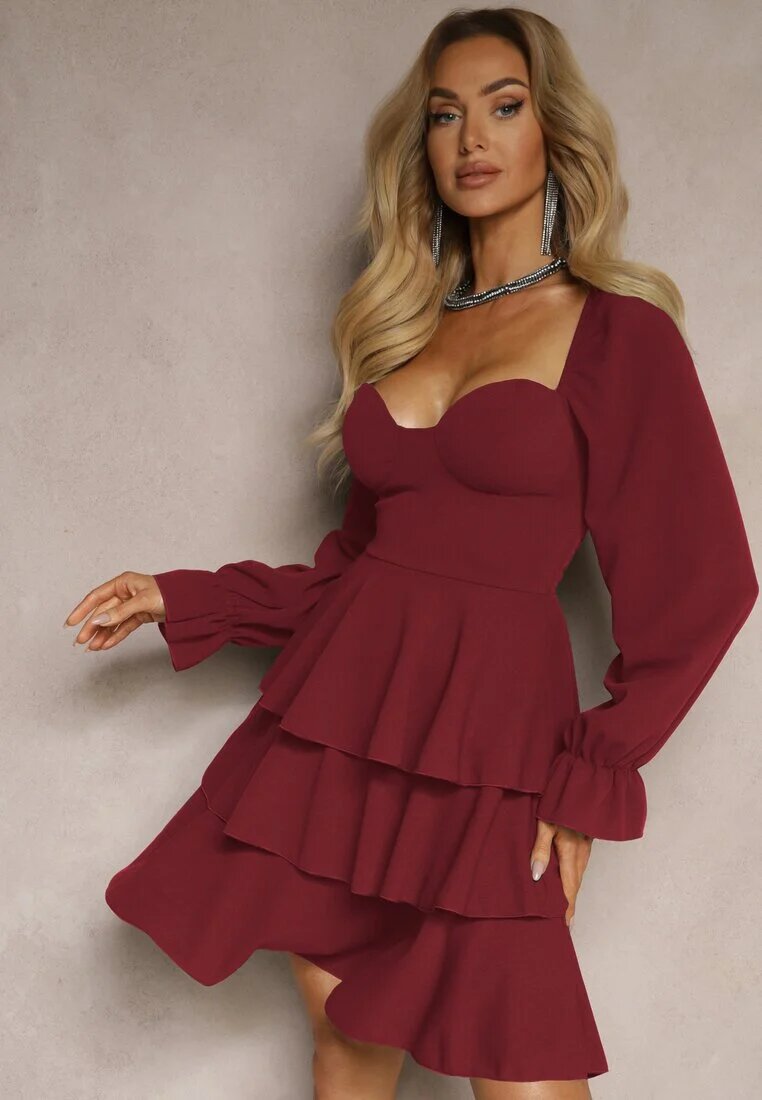 fashion Rochie bordou cu croială evazată cu volane și mâneci bufante Semiella