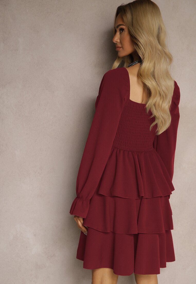 fashion Rochie bordou cu croială evazată cu volane și mâneci bufante Semiella