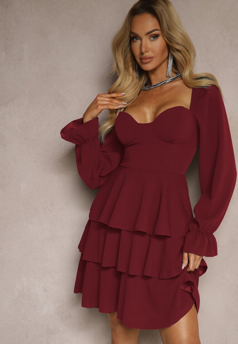 fashion Rochie bordou cu croială evazată cu volane și mâneci bufante Semiella