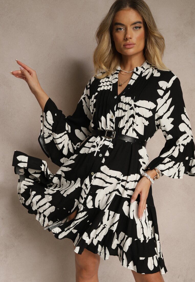 fashion Rochie Cămașă Neagră din Viscoză cu Volane cu Imprimeu cu Frunze Ridiella