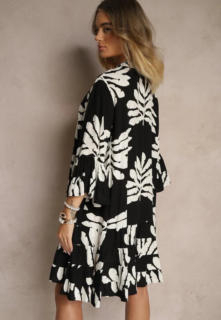 fashion Rochie Cămașă Neagră din Viscoză cu Volane cu Imprimeu cu Frunze Ridiella