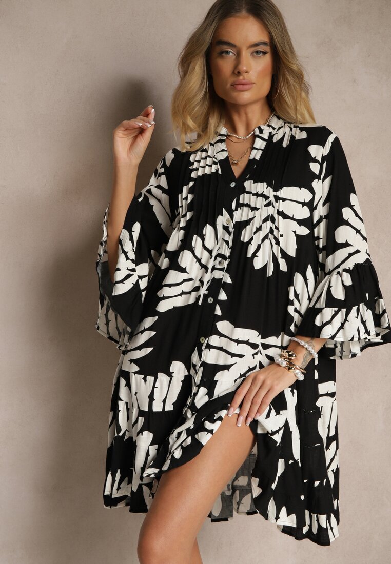 fashion Rochie Cămașă Neagră din Viscoză cu Volane cu Imprimeu cu Frunze Ridiella