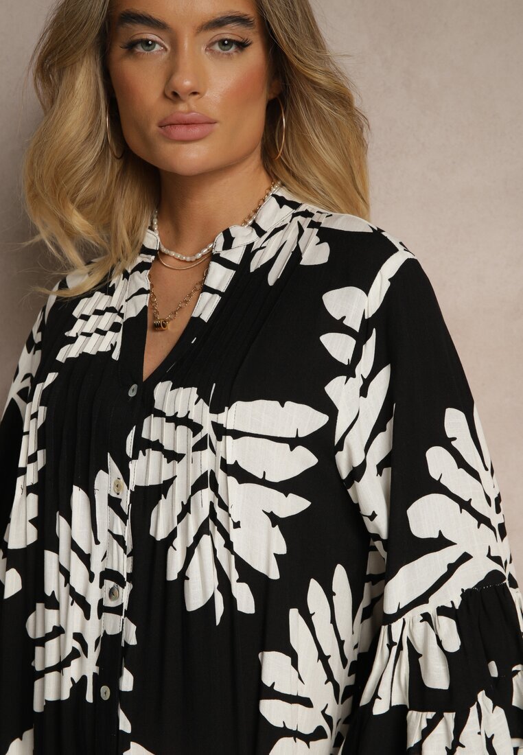 fashion Rochie Cămașă Neagră din Viscoză cu Volane cu Imprimeu cu Frunze Ridiella