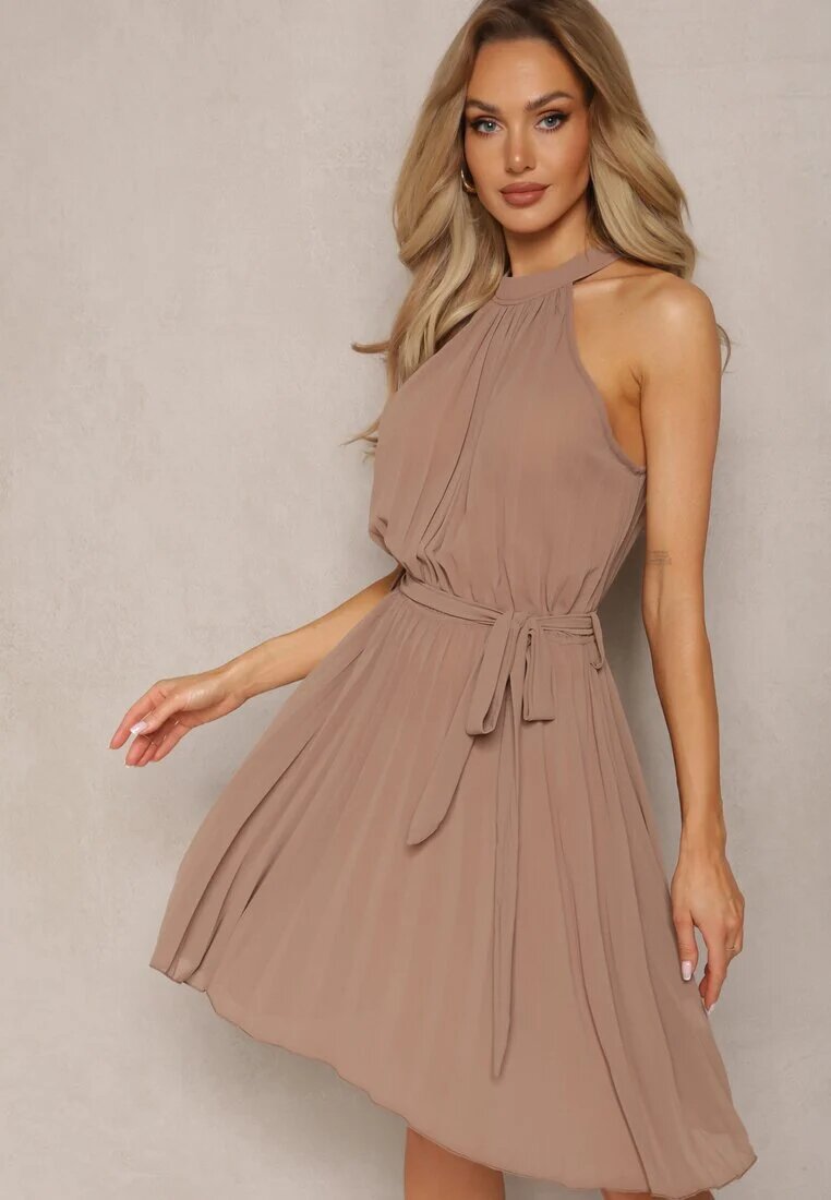 fashion Rochie Cloche Bej Mini cu Pliuri și Închidere la gât cu curea inclusă Asmeriema