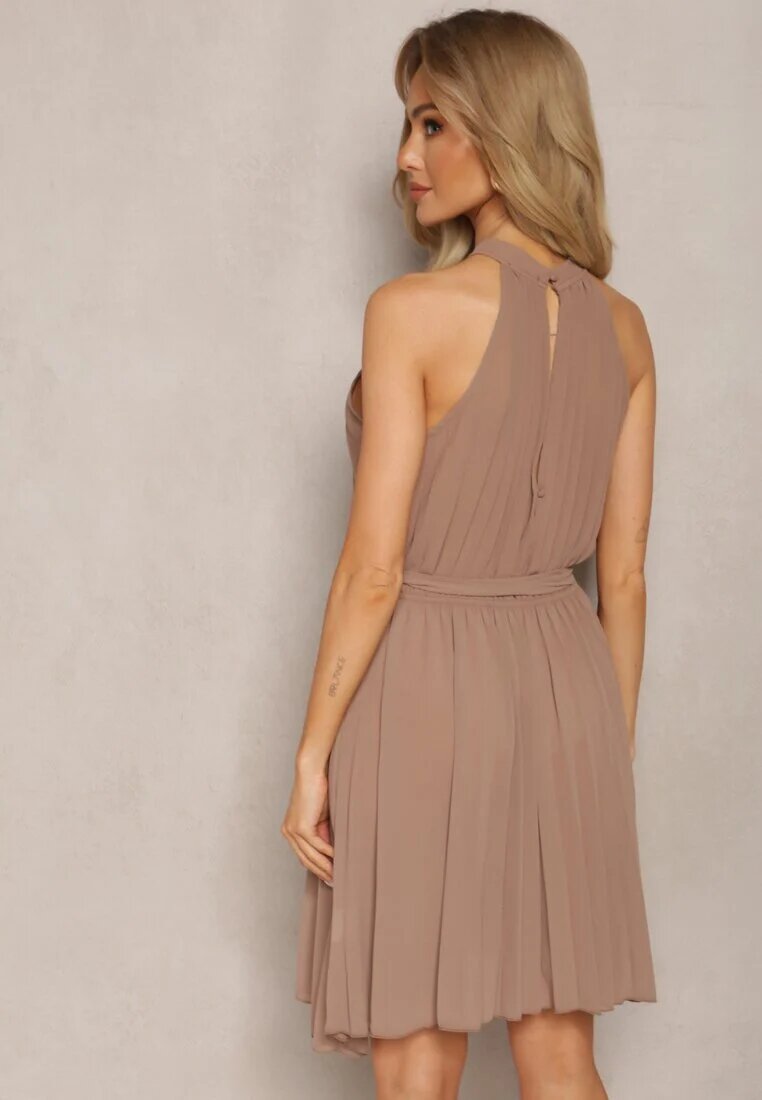 fashion Rochie Cloche Bej Mini cu Pliuri și Închidere la gât cu curea inclusă Asmeriema
