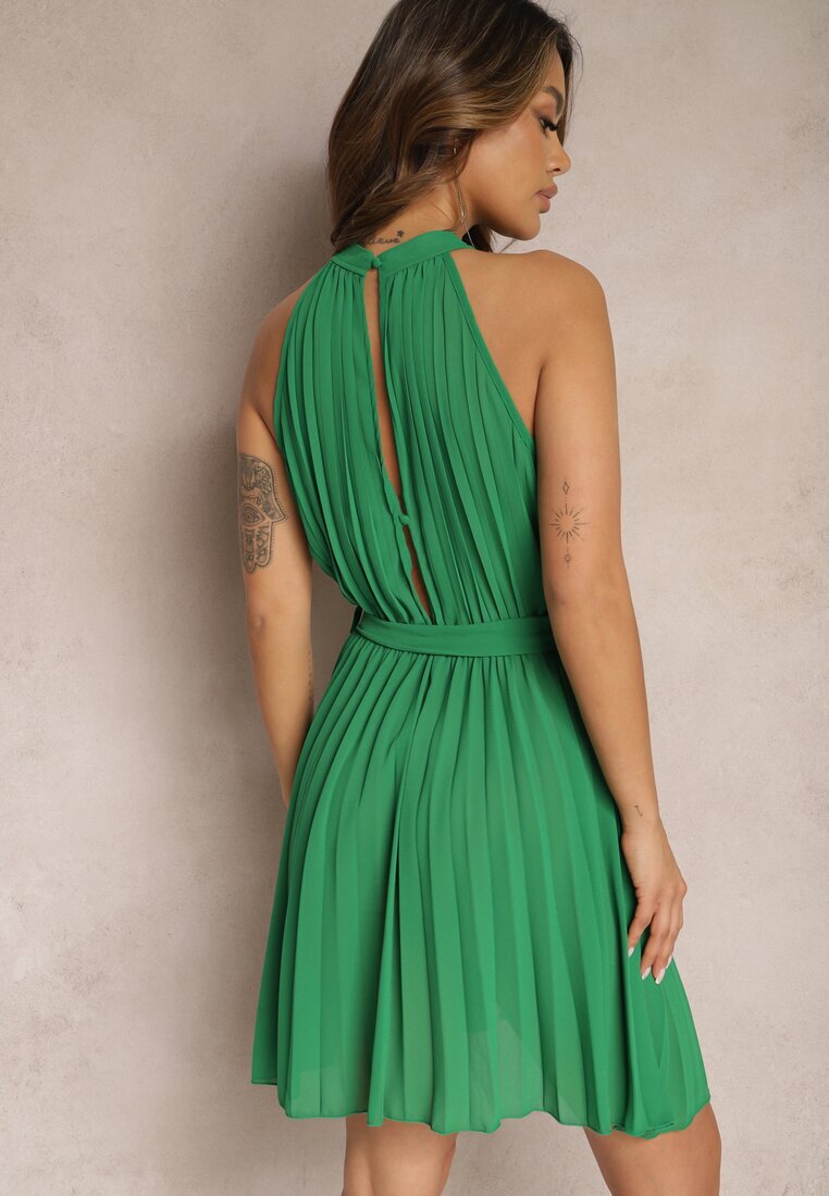 fashion Rochie Cloche Verde cu Pliuri și Închidere la Gât Mini Suplimentar Curea Asmeriema