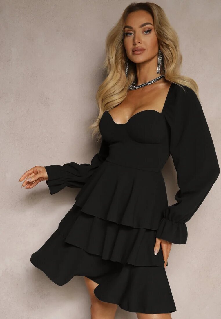 fashion Rochie Neagră cu croi evazat cu volane și mâneci bufante Semiella