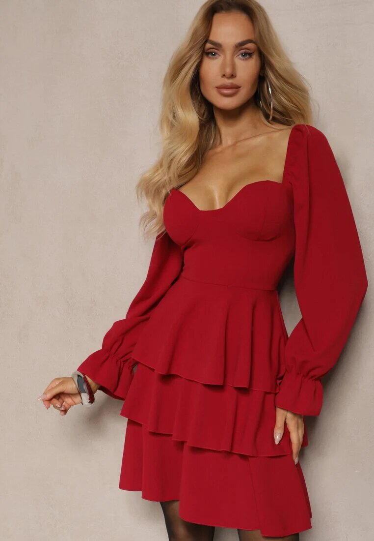 fashion Rochie Roșie cu croi evazat cu volane și mâneci bufante Semiella