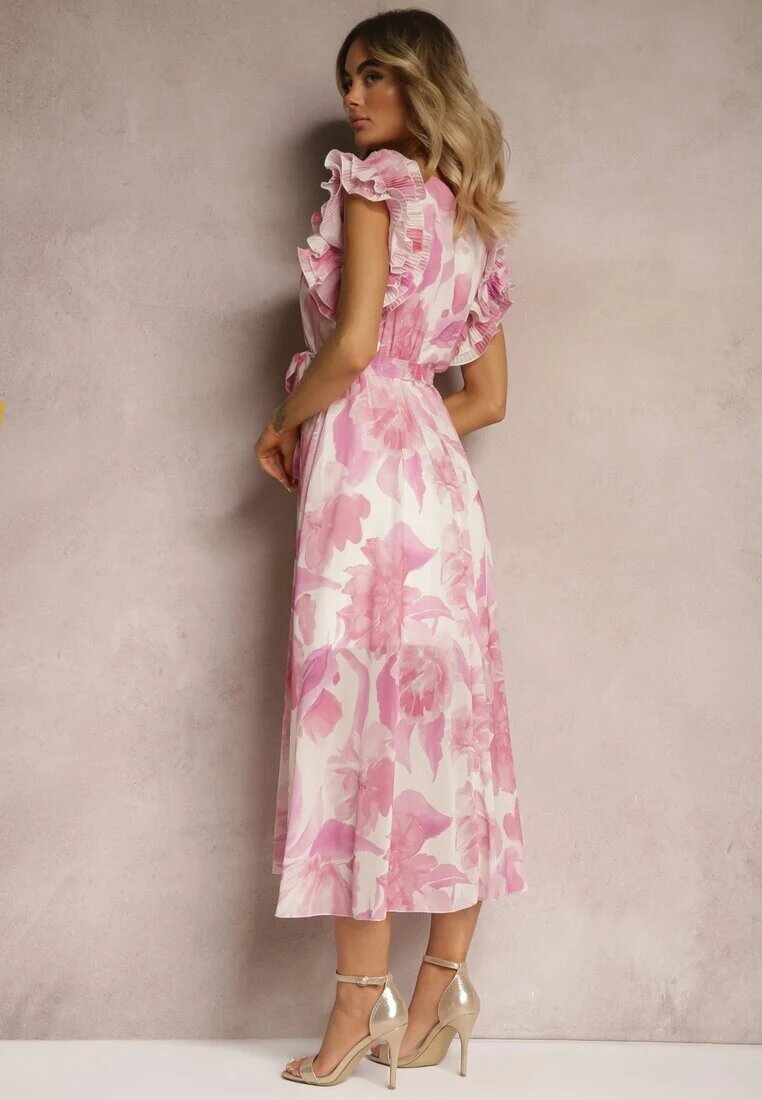 fashion Rochie Roz cu decolteu petrecut cu elastic și curea în talie cu volane Dimrine