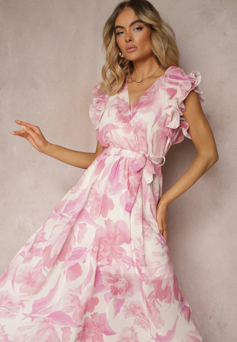 fashion Rochie Roz cu decolteu petrecut cu elastic și curea în talie cu volane Dimrine