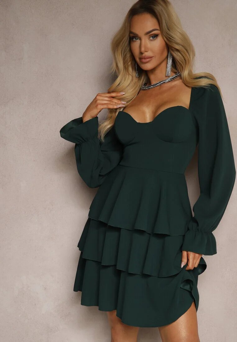 fashion Rochie Verde închis cu croială cloș cu volane și mâneci bufante Semiella