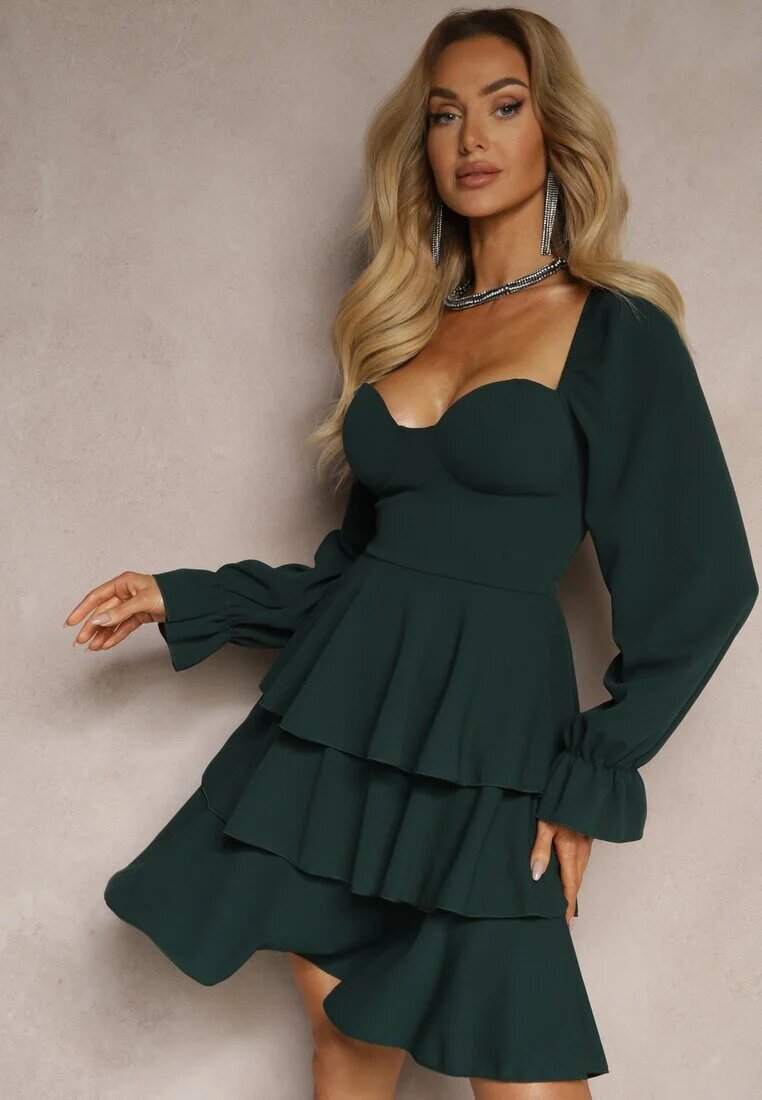 fashion Rochie Verde închis cu croială cloș cu volane și mâneci bufante Semiella
