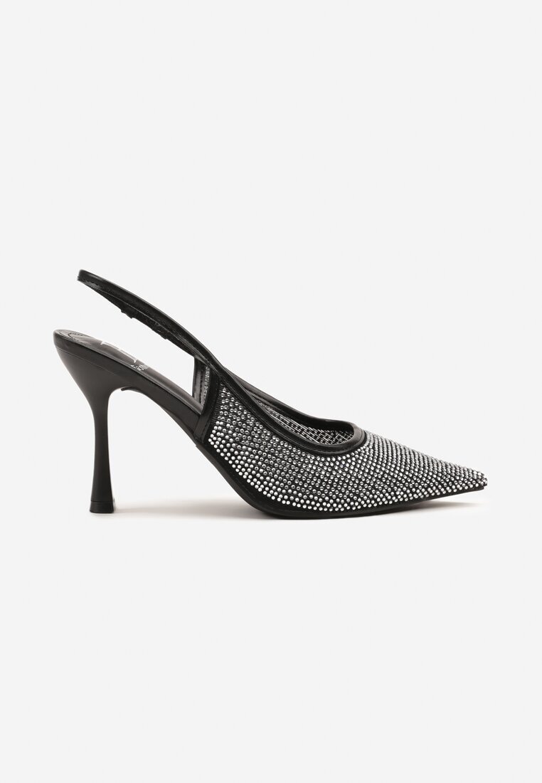 fashion Sandale Negre cu toc stiletto Slingback cu Vârf Ascuțit Împodobite cu Zirconii Zenvia