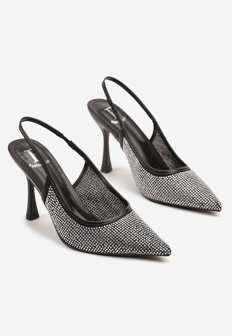 fashion Sandale Negre cu toc stiletto Slingback cu Vârf Ascuțit Împodobite cu Zirconii Zenvia