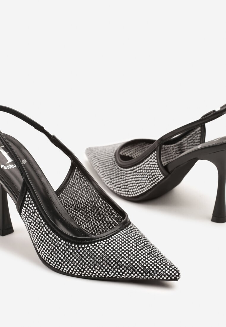 fashion Sandale Negre cu toc stiletto Slingback cu Vârf Ascuțit Împodobite cu Zirconii Zenvia