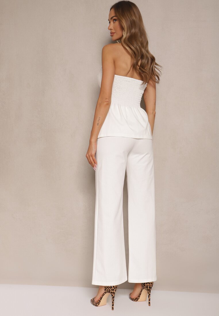 fashion Set Alb Top Bandeau Decorat cu nasturi și Pantaloni cu croi larg Palarienna