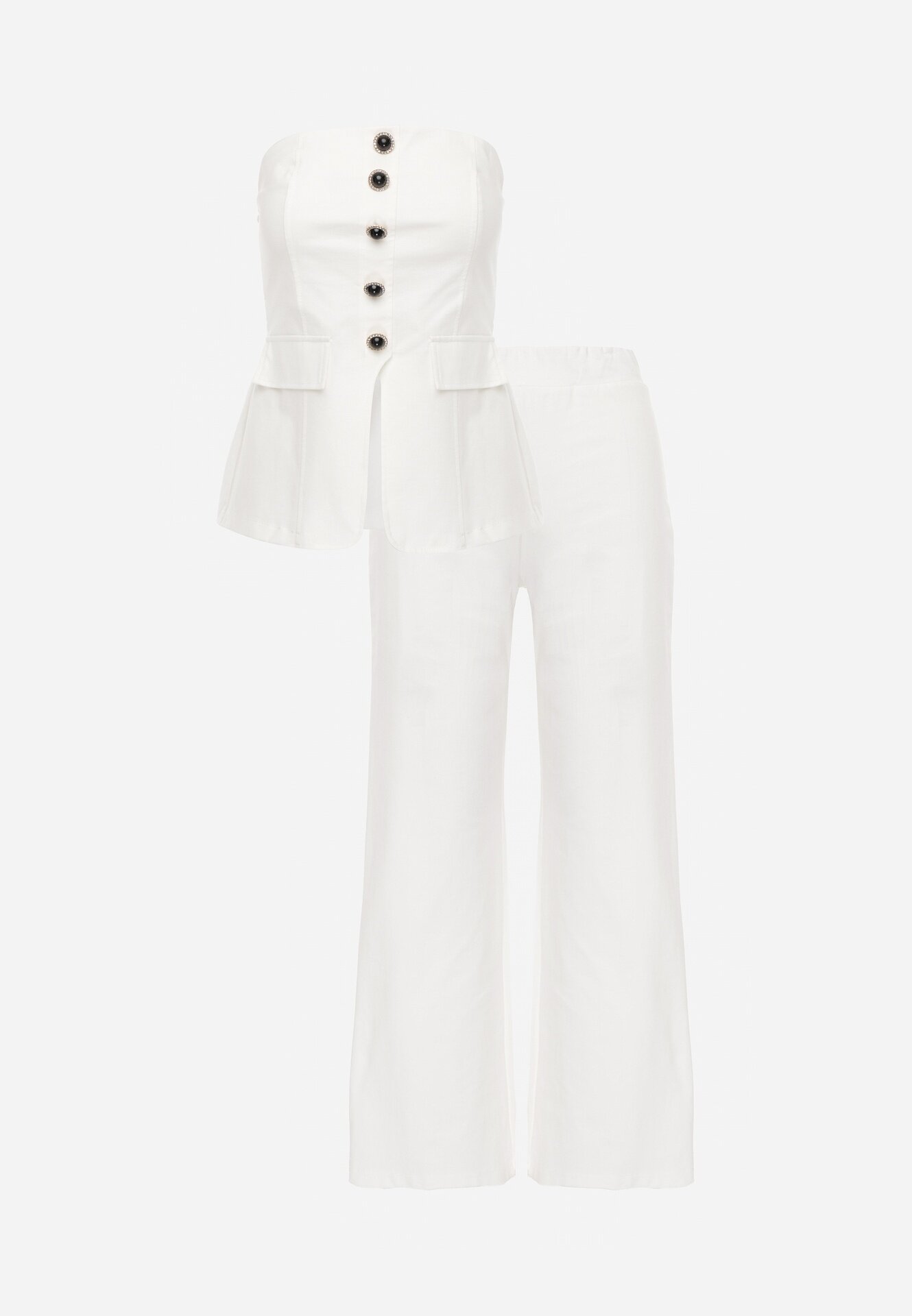 fashion Set Bej Top Bandeau Decorat cu Nasturi și Pantaloni cu Croială Largă Palarienna