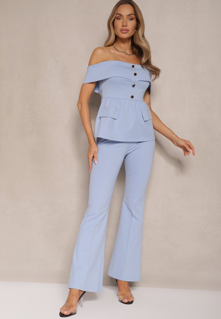 fashion Set De costum Albastru Bluză Tip spaniolă și Pantaloni Flare Silkio