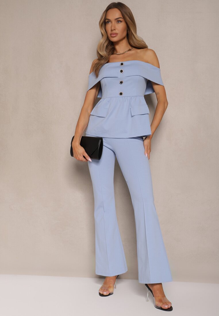 fashion Set De costum Albastru Bluză Tip spaniolă și Pantaloni Flare Silkio