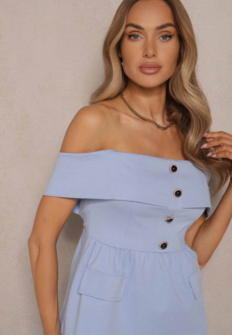 fashion Set De costum Albastru Bluză Tip spaniolă și Pantaloni Flare Silkio