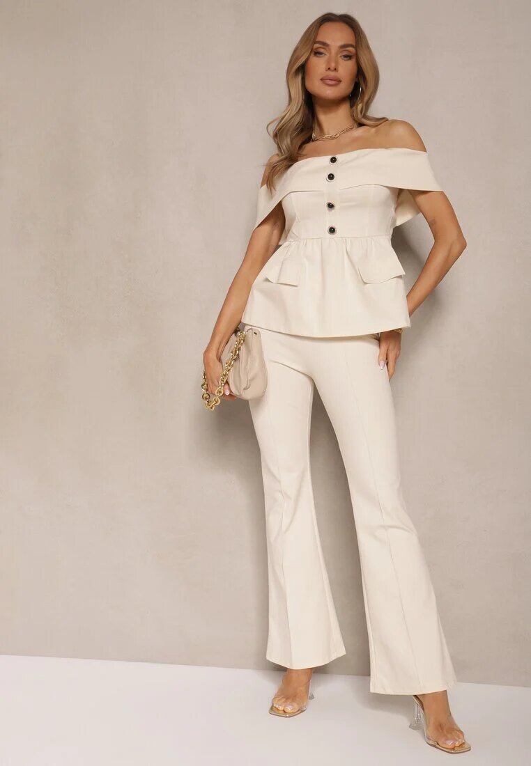 fashion Set De costum Bej Bluză tip spaniolă și Pantaloni evazați Silkio