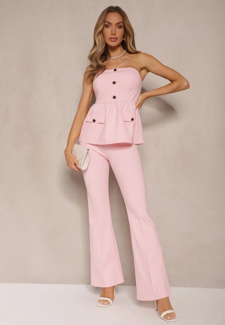 fashion Set Roz Top Bandeau cu Bască și Pantaloni tip Flare Vilkio