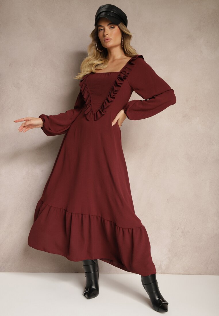 fashion station Rochie Bordo Decorată cu Volane cu Croi Evazat Alleira