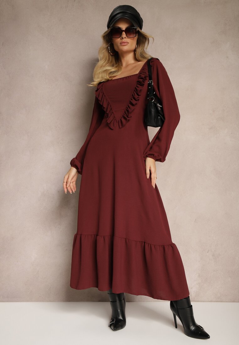 fashion station Rochie Bordo Decorată cu Volane cu Croi Evazat Alleira