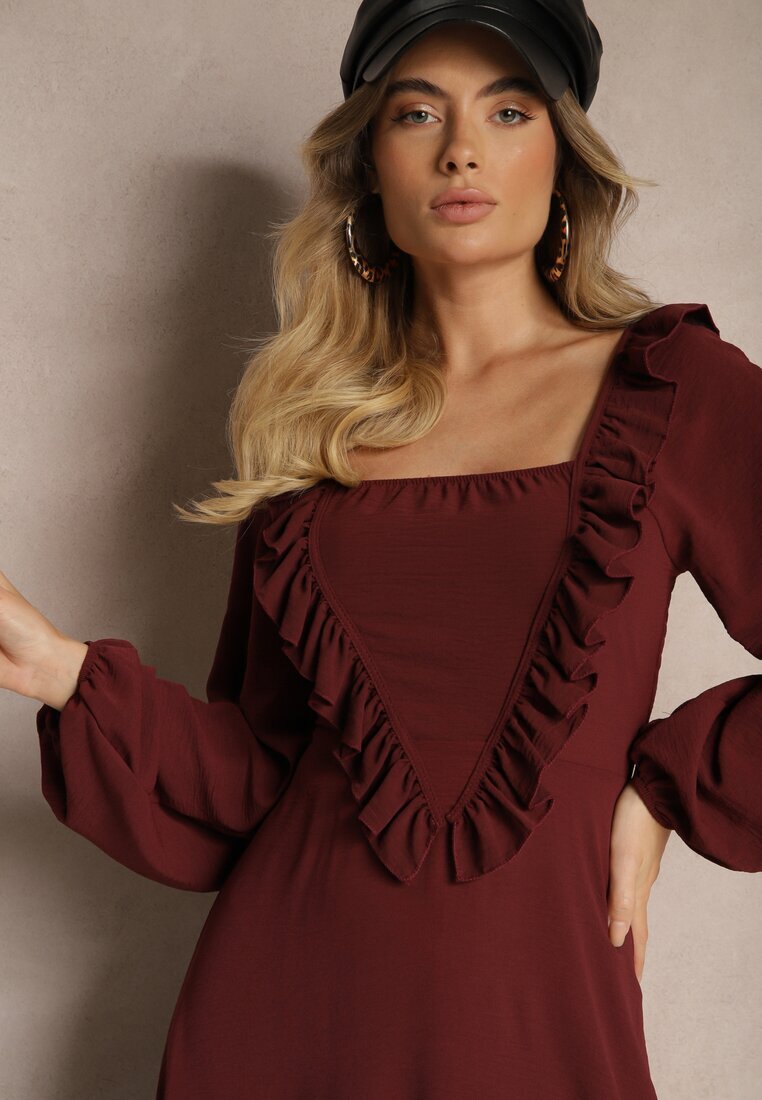 fashion station Rochie Bordo Decorată cu Volane cu Croi Evazat Alleira