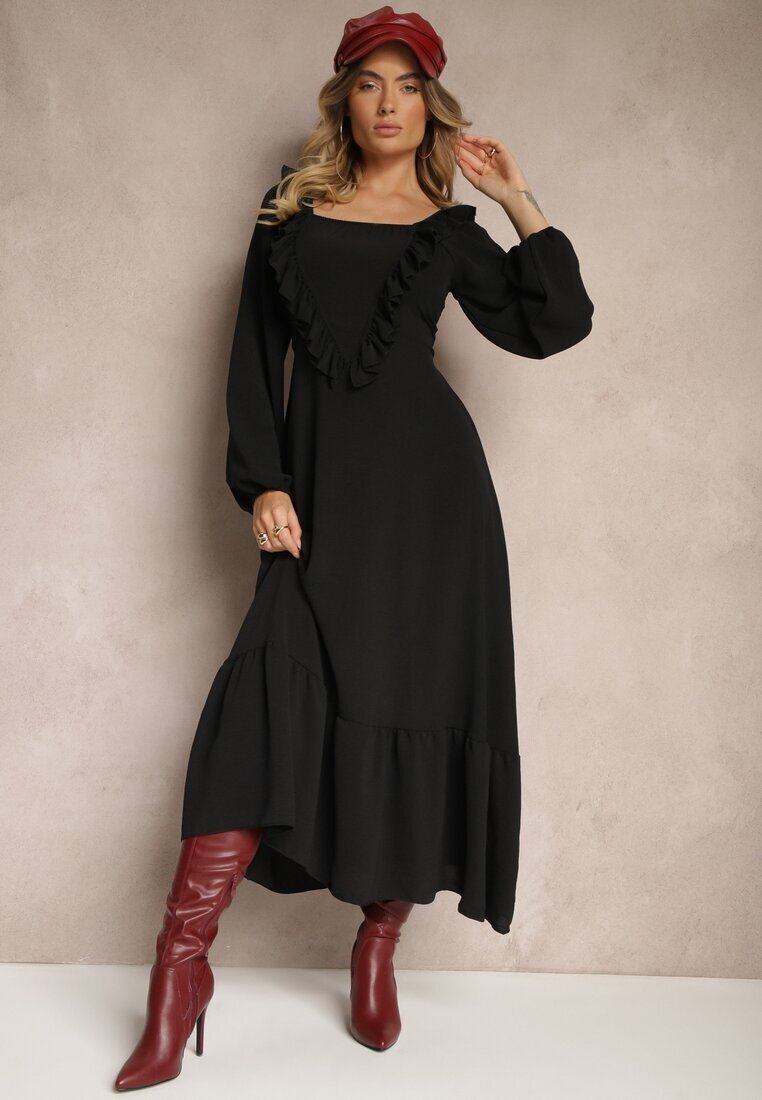 fashion station Rochie Neagră Decorată cu Volane cu Croială Evazată Alleira