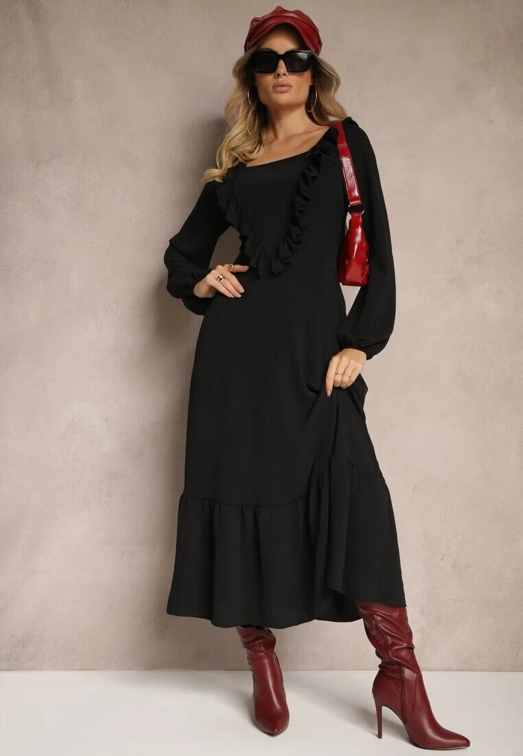 fashion station Rochie Neagră Decorată cu Volane cu Croială Evazată Alleira