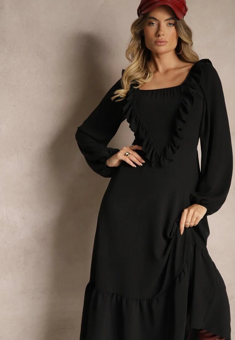 fashion station Rochie Neagră Decorată cu Volane cu Croială Evazată Alleira