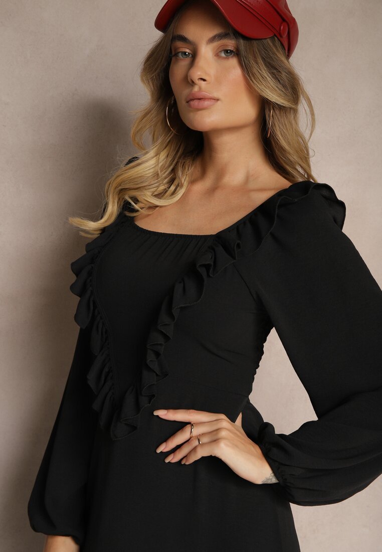 fashion station Rochie Neagră Decorată cu Volane cu Croială Evazată Alleira
