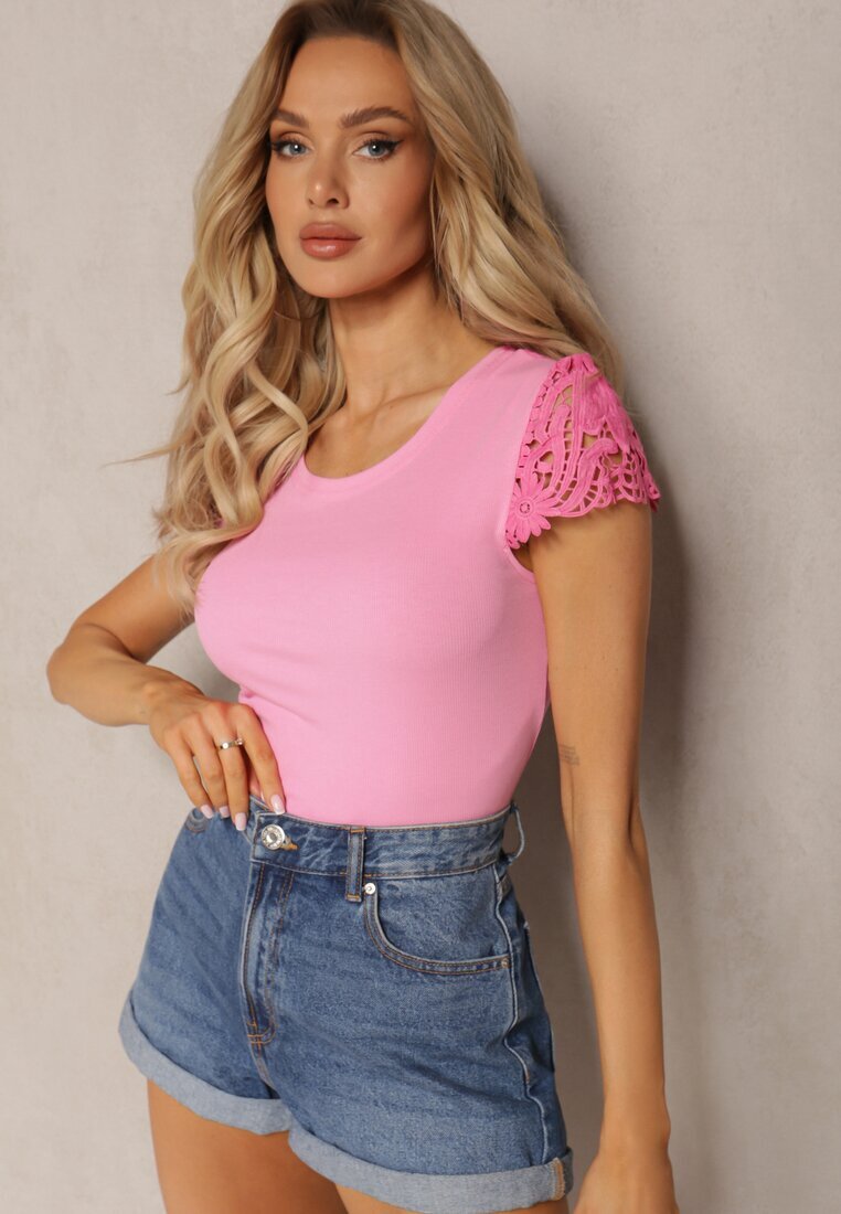 fashion Top Roz Reiat cu Aplicații de Dantelă Velsia