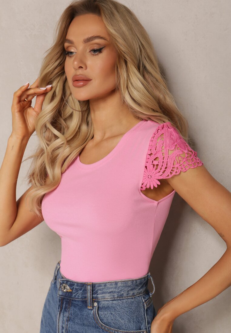 fashion Top Roz Reiat cu Aplicații de Dantelă Velsia