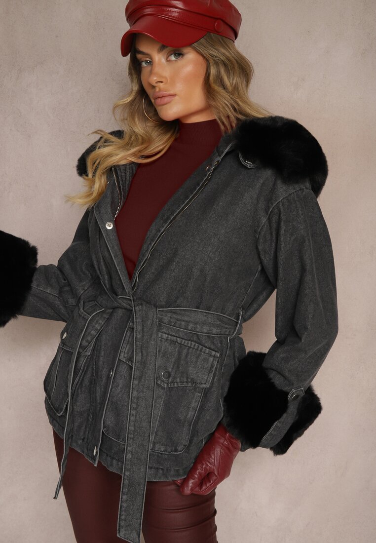 flamode Geacă Jeans Negru-Gri cu blană detașabilă și glugă cu o curea suplimentară Tarwena