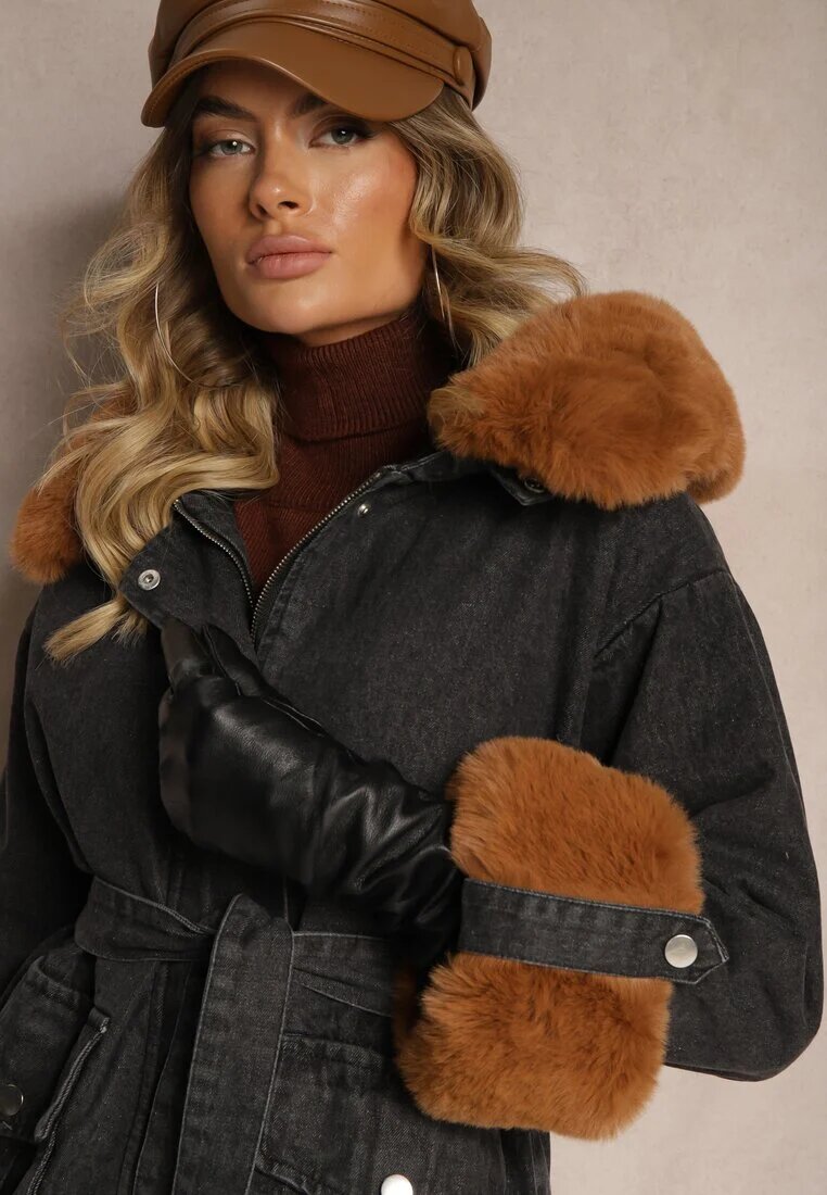 flamode Jachetă Neagră din Denim cu blană detașabilă și glugă cu o curea suplimentară Tarwena