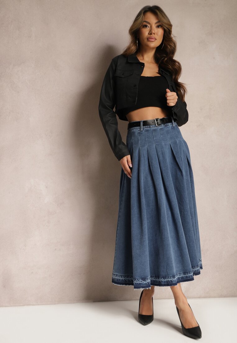  Fustă Bleumarin Cloș Denim cu Curea cu Cataramă Varnie