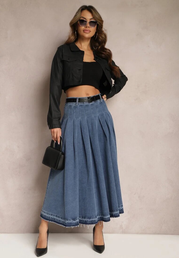  Fustă Bleumarin Cloș Denim cu Curea cu Cataramă Varnie