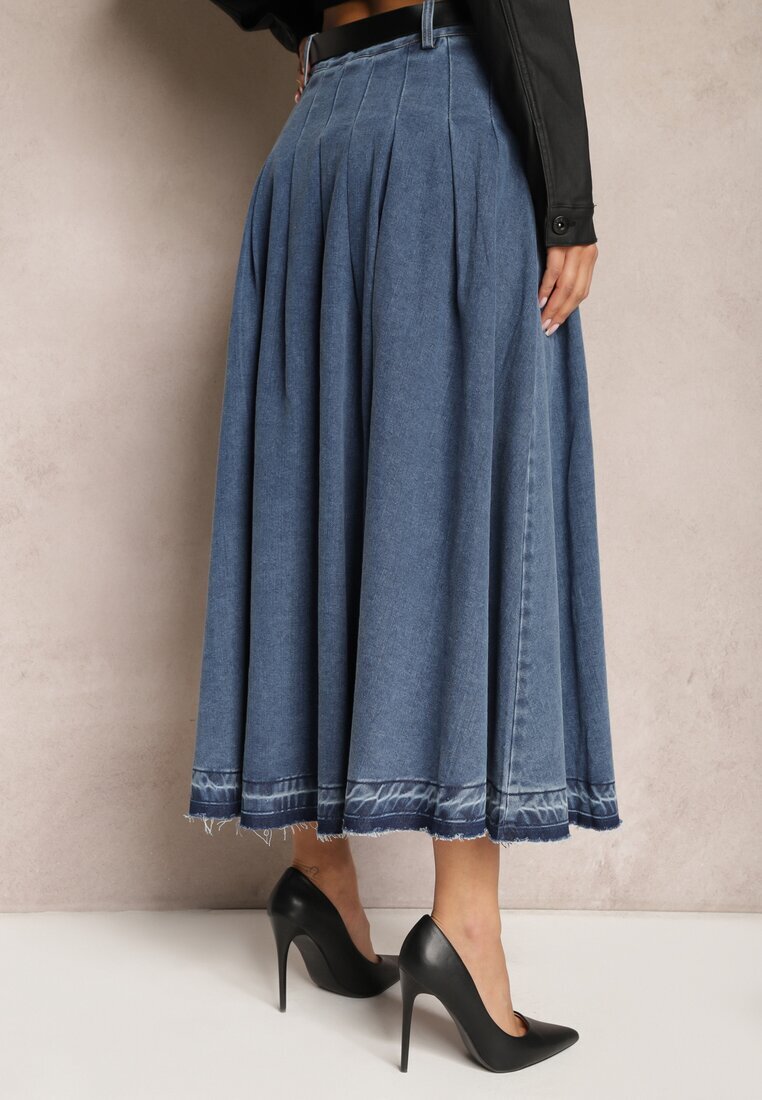  Fustă Bleumarin Cloș Denim cu Curea cu Cataramă Varnie