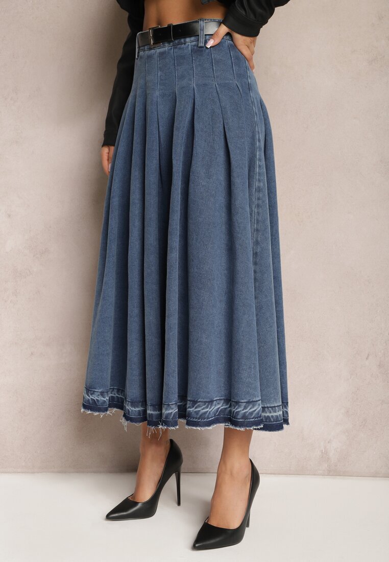  Fustă Bleumarin Cloș Denim cu Curea cu Cataramă Varnie
