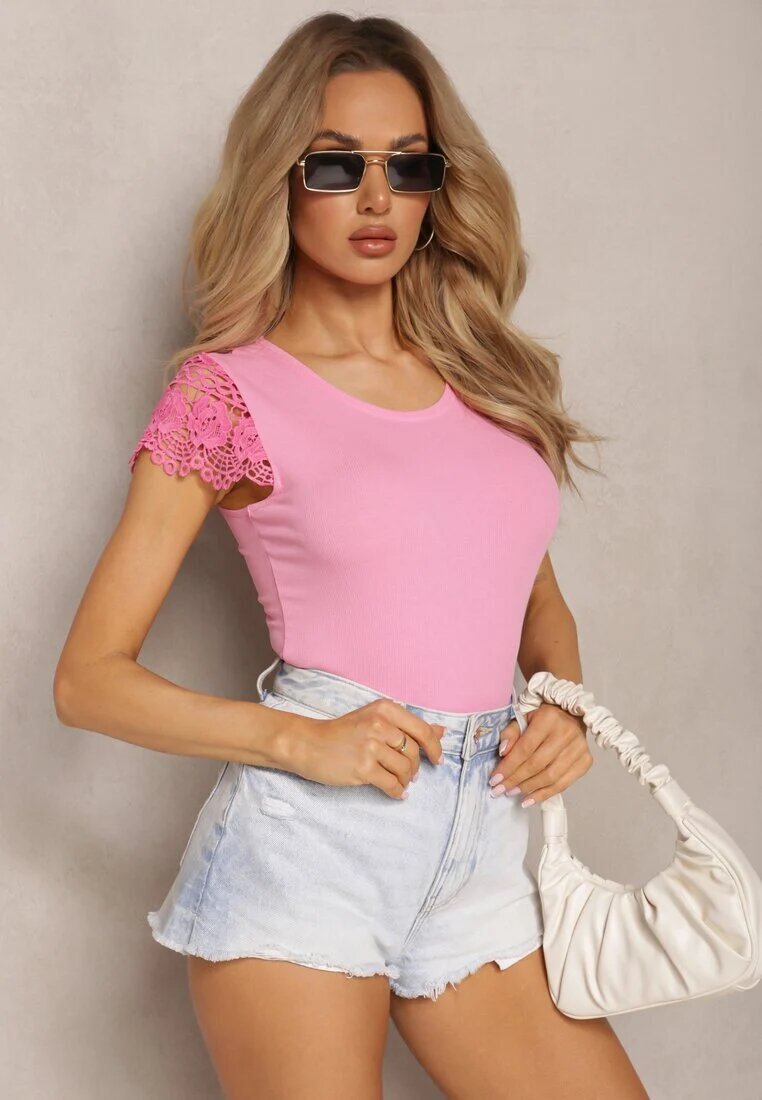 g-dz fashion Bluză reiată roză cu paiete și inserții din dantelă Thaleni