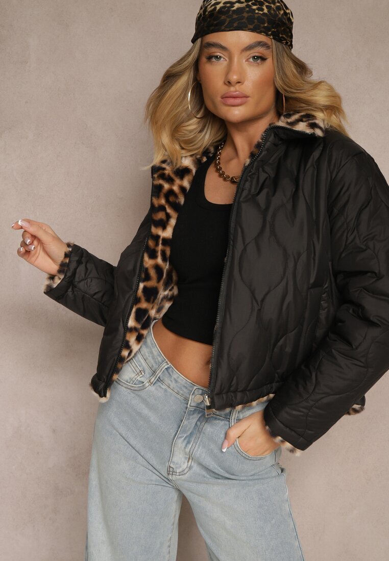  Geacă Negru Reversibilă cu Cusături Matlasate și Blană cu Imprimeu Leopard Cesita