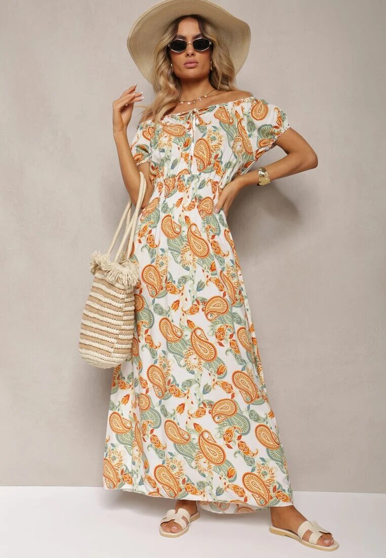 generation Rochie Albă-Portocalie din Bumbac cu Elastic în Talie Baletta